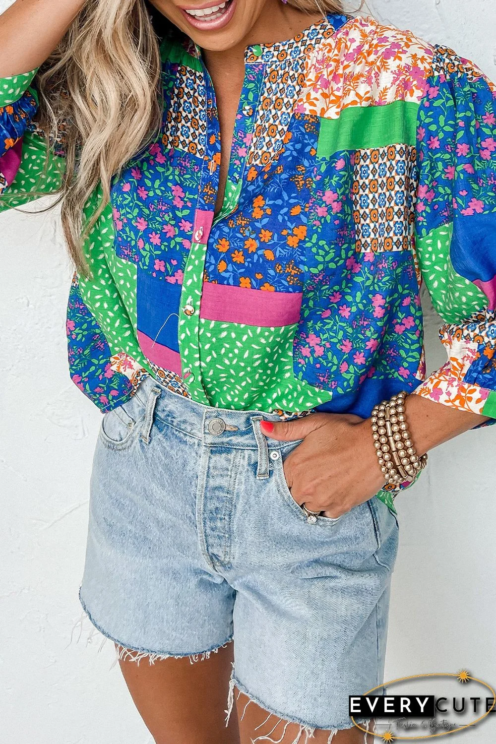 Multicolor Floral Patchwork Print Buttoned Puff Sleeve Shirt