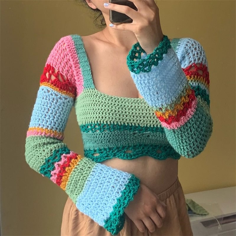 Women Summer Crop Tops Splicing Crochet Square Neck Long Sleeves Knitted T-shirt Tops 2021 Streetwear for Girls Green