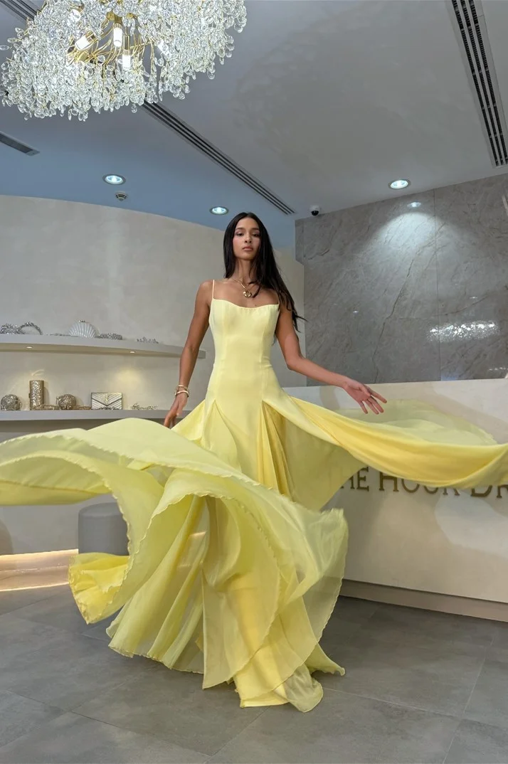 Miabel Amazing Daffodil Chiffon Spaghetti Strap Sleeveless Long Prom Dress with Ruffles 