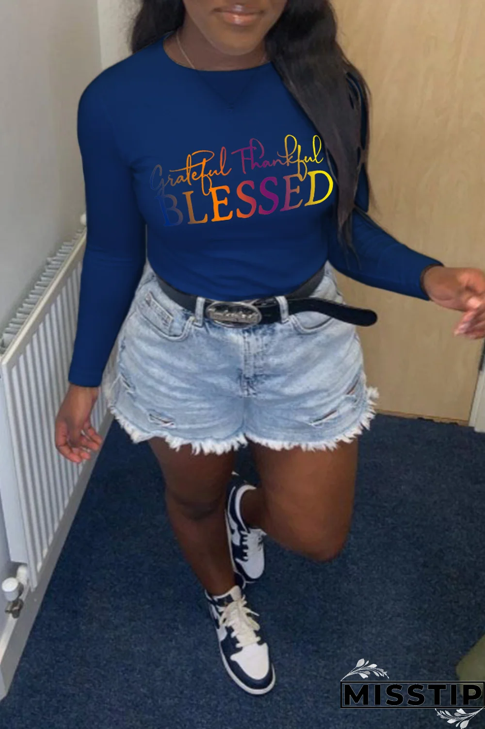 Grey Casual Print Patchwork Letter O Neck Tops