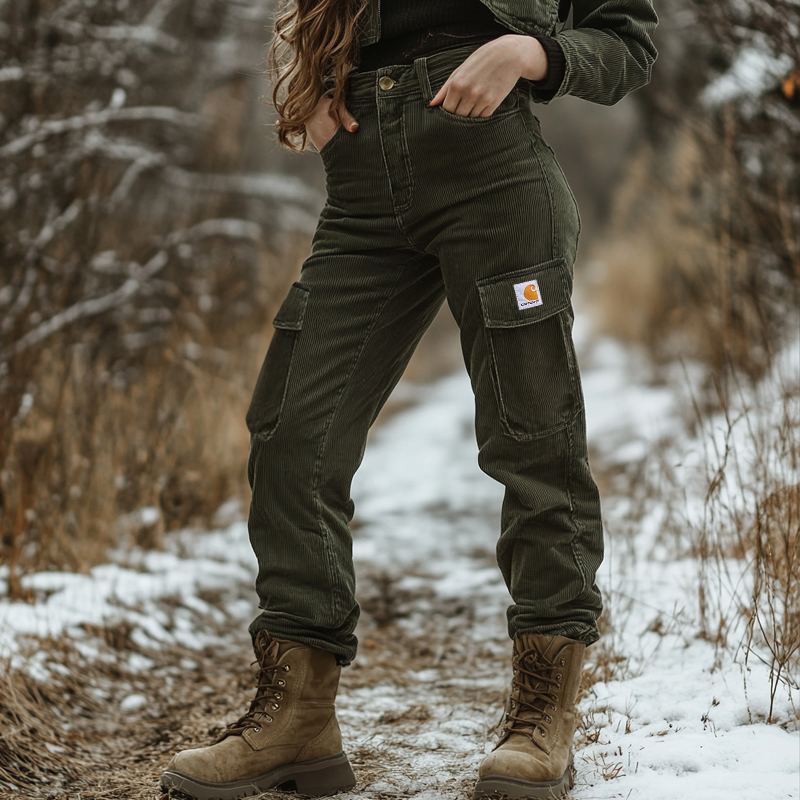 Women's Vintage Multi Pocket Army Green Corduroy Pants