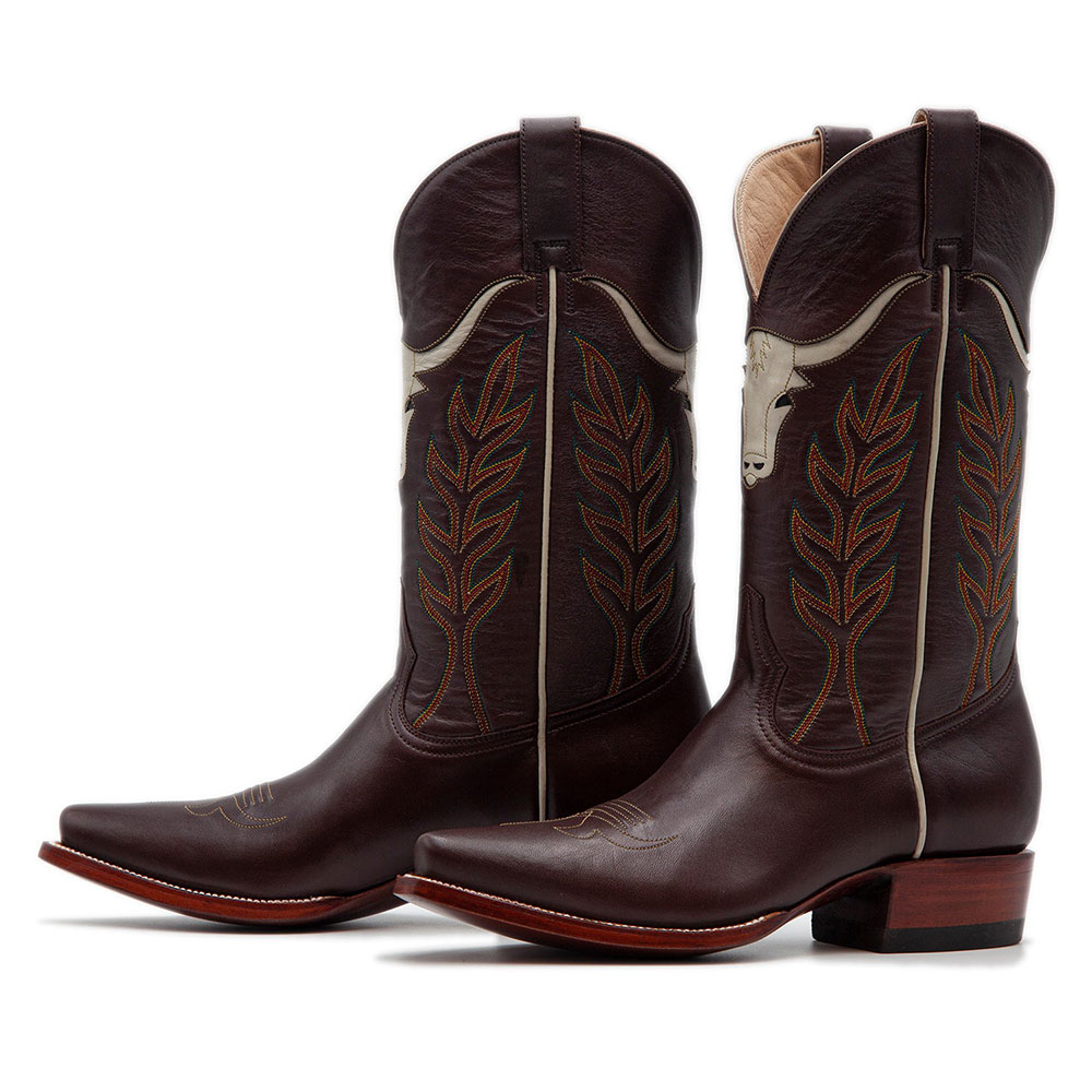 Brown Stitching Snip Toe Mid-Calf Cowgirl Boots with Ox-Head Inlay Nicepairs