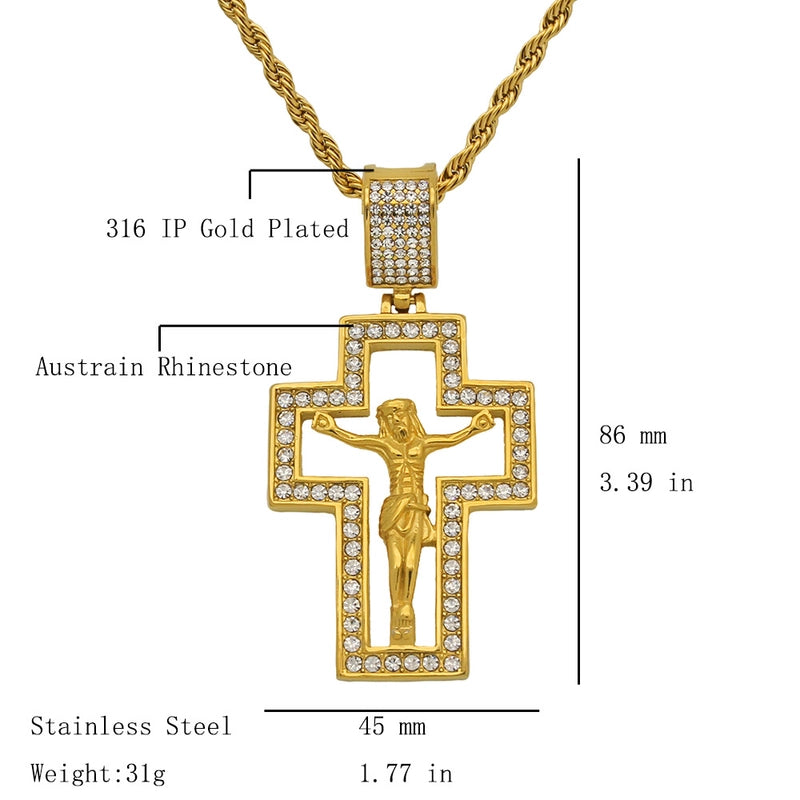 Hip-Hop Human Cross 316 Stainless Steel Plating Hollow Out Rhinestones Gold Plated Unisex
