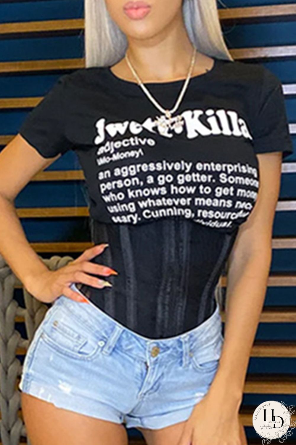 Black Fashion Casual Letter Print Basic Without Belt O Neck T-Shirts