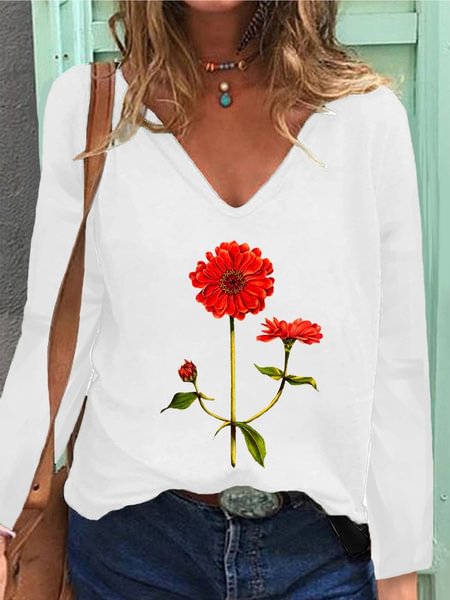 Women's New Spring/autumn Fashion Flowers Printed T-shirt Casual Long Sleeve Deep V-neck Tee Solid Color Pullover Blouse Tops - Chicaggo