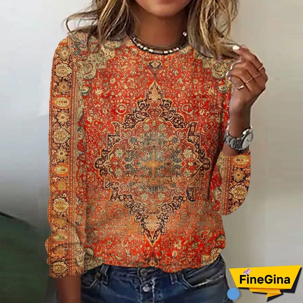 Yellow Orange Vintage Print Long Sleeve Top