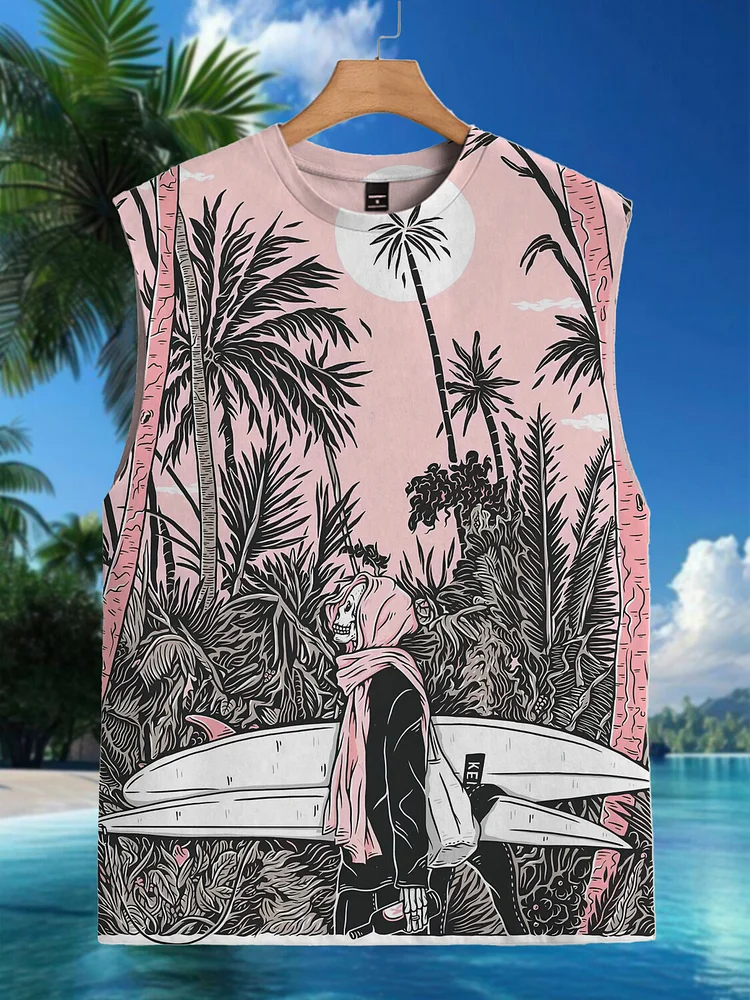 Men's Palm Trees Skull Surfing Printed Tank Top