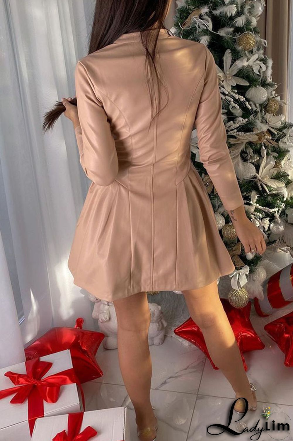 Apricot Casual Solid Split Joint Fold Zipper Zipper Collar A Line Dresses