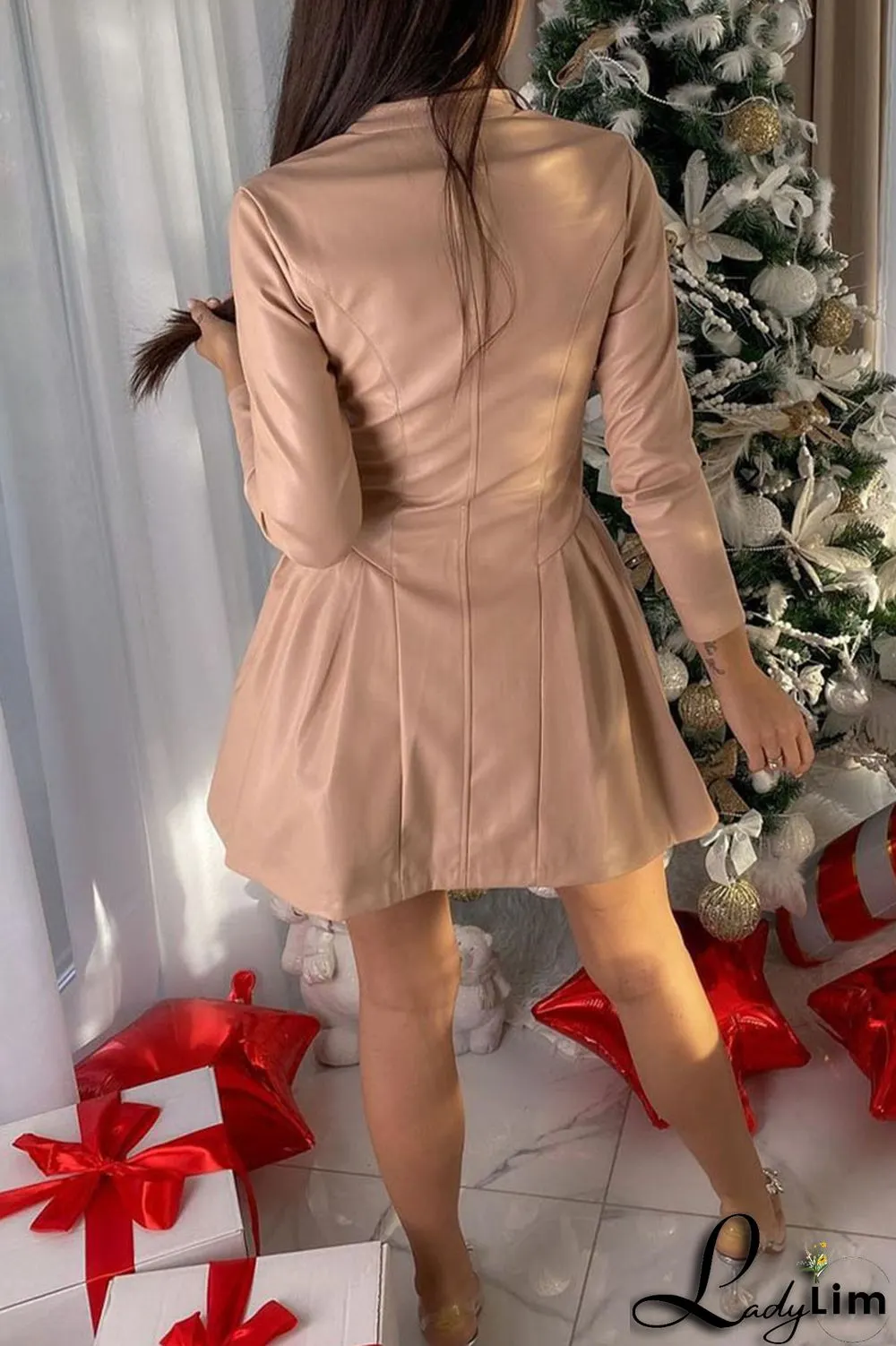Apricot Casual Solid Split Joint Fold Zipper Zipper Collar A Line Dresses