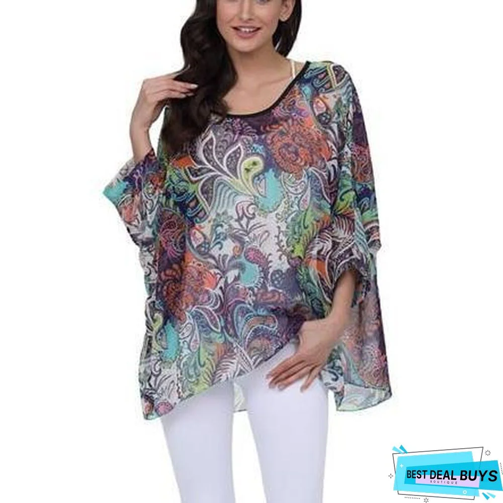 Plus Size Women Chiffon Blouse Shirt Batwing Sleeve Tops Blouses