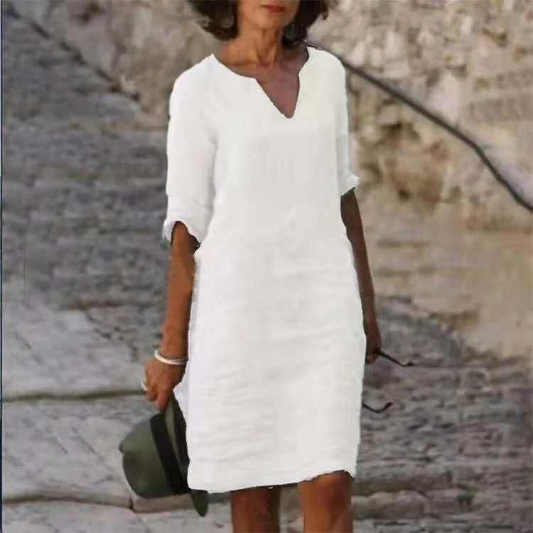 Solid V-neck Long Sleeve Casual Shift Dress