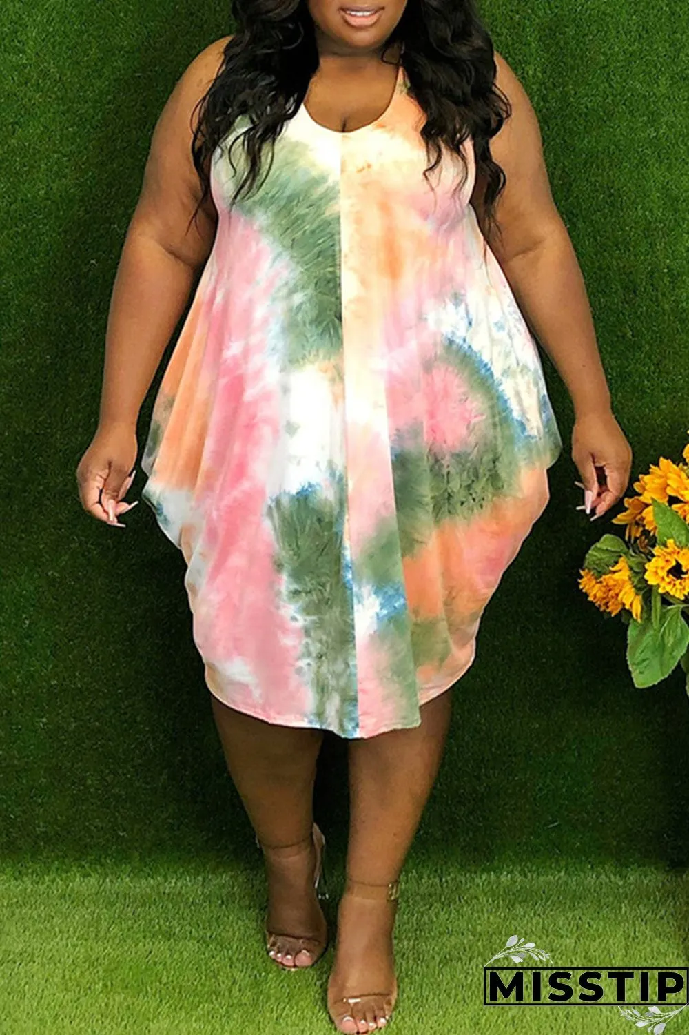 Red Fashion Casual Print Tie-dye Asymmetrical O Neck Vest Dress Plus Size Dresses
