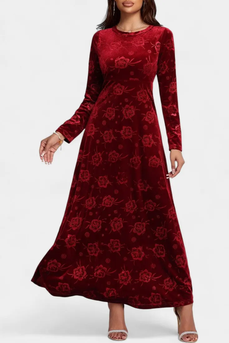 Long Sleeve Velvet Floral Maxi Dress