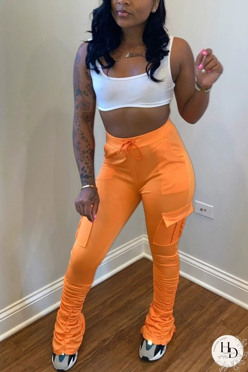 Yellow Drawstring High Solid Pocket Draped Boot Cut Pants Bottoms