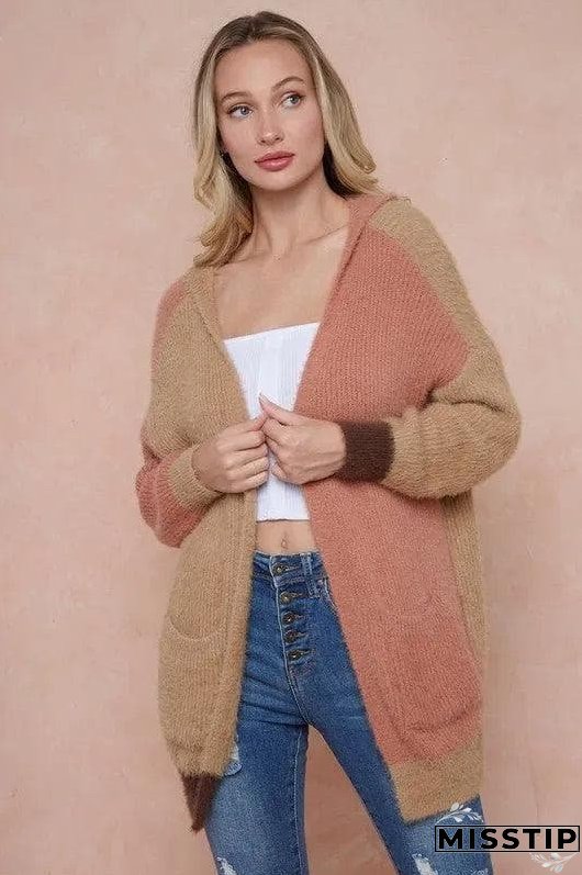 Sweater Hooded Open Front Long Sleeve Cardigan - Rose Camel and Brown