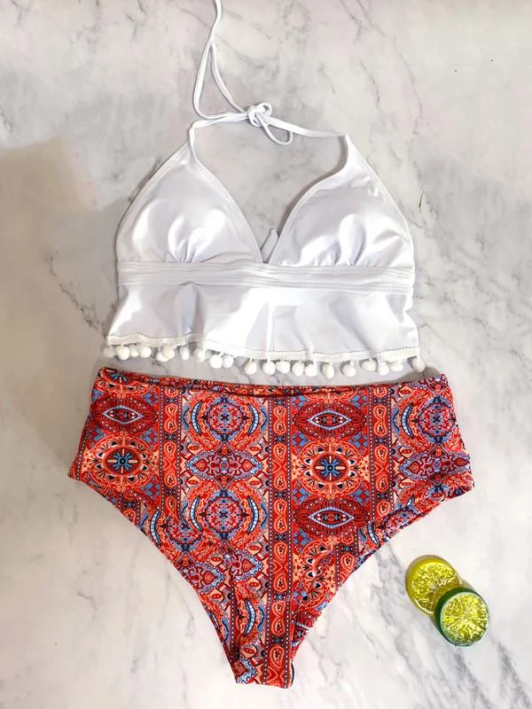 Tasseled Printed Split Bikini Swimsuit