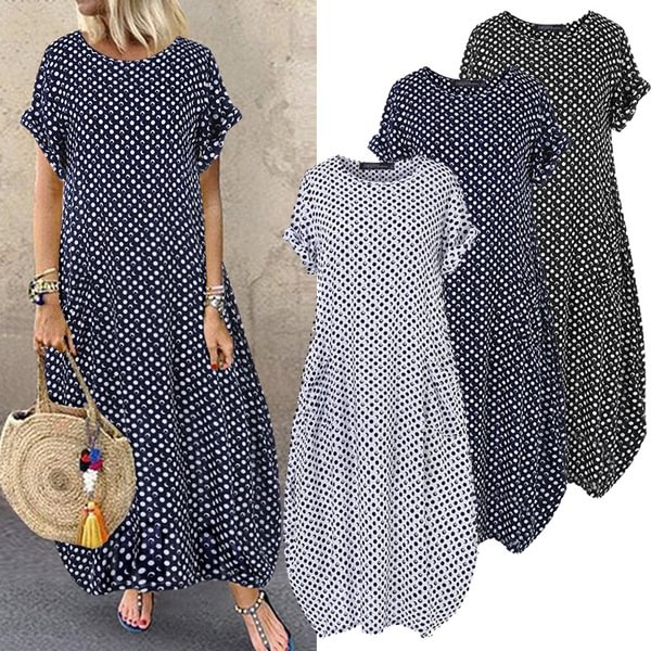 Ladies Summer Short Sleeve Polka Dot Long Dress Casual Loose Kaftan Maxi Dresses - Shop Trendy Women's Fashion | TeeYours