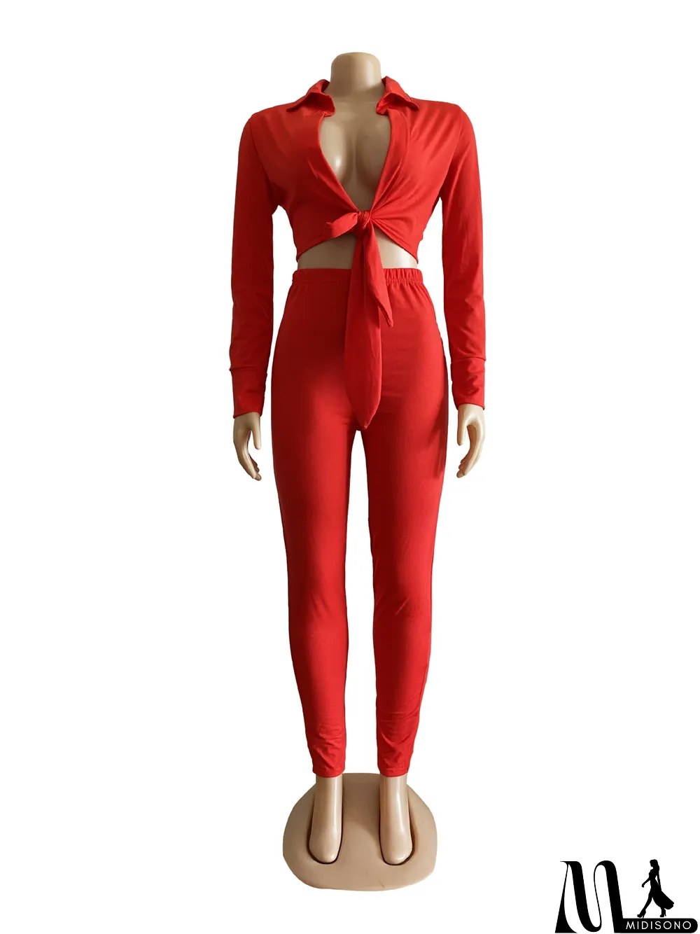 MidiSono - Solid Long Sleeve Tie Up Two Piece Pants Set