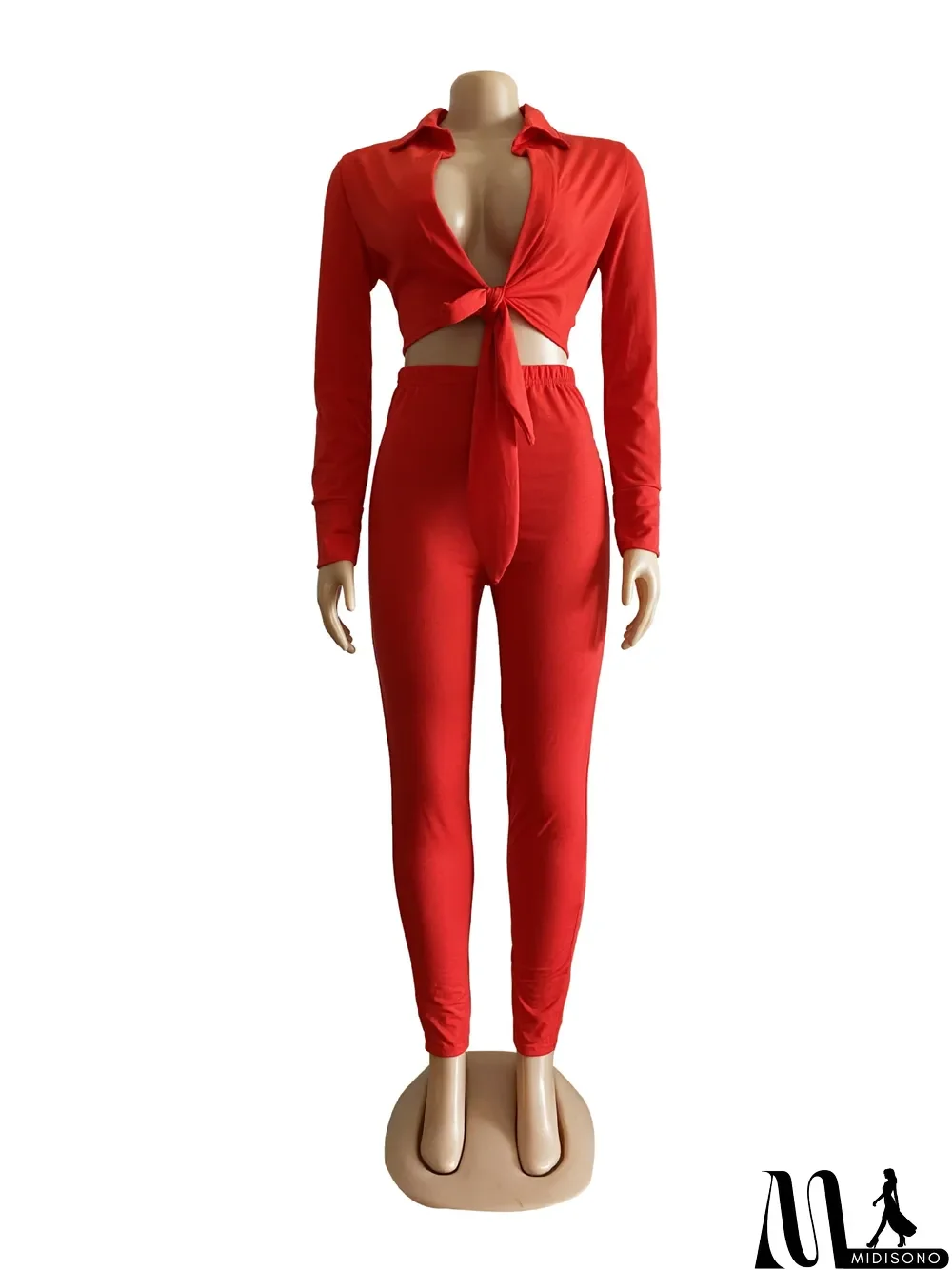 MidiSono - Solid Long Sleeve Tie Up Two Piece Pants Set