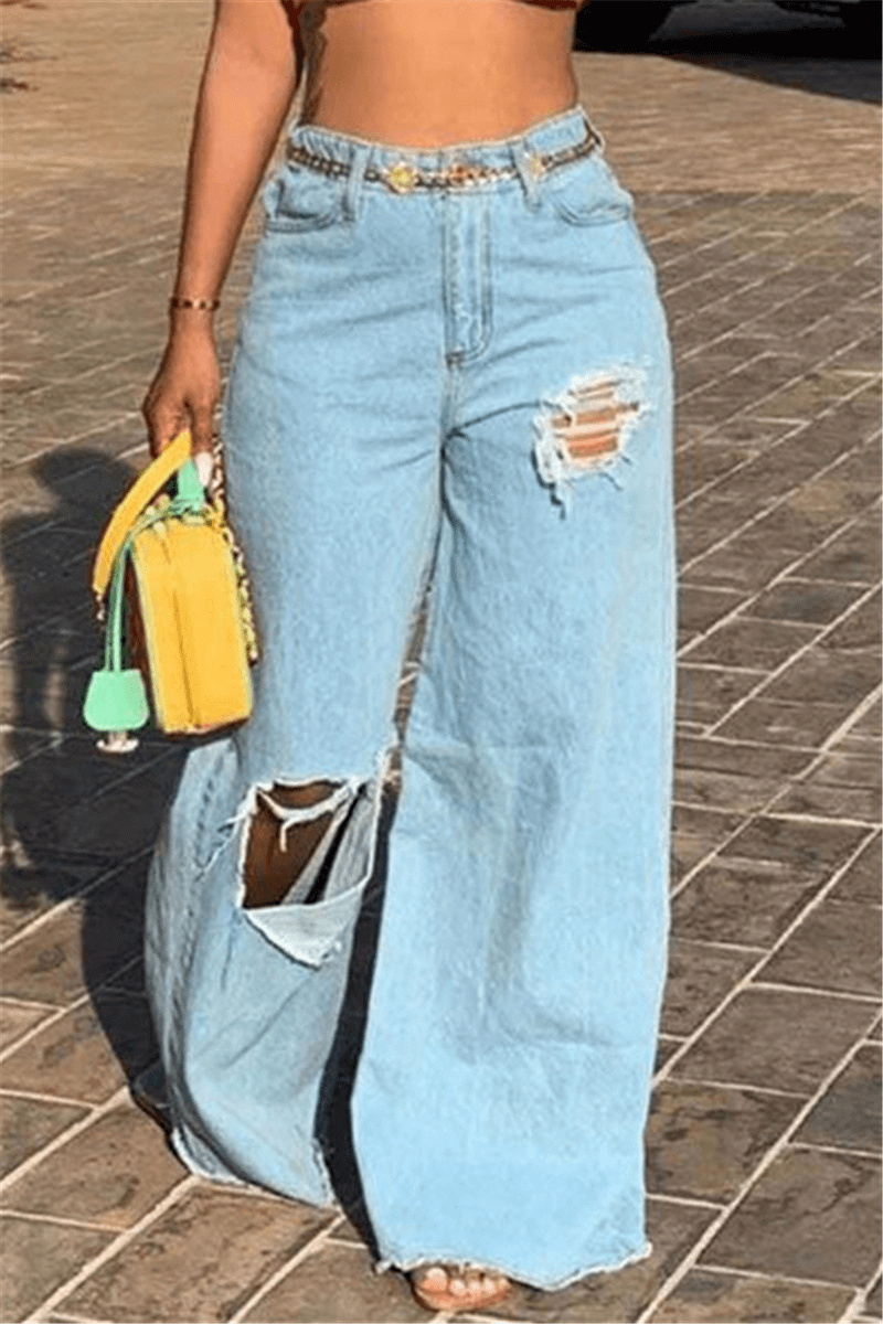 Fashion Broken Hole Loose Denim Trousers