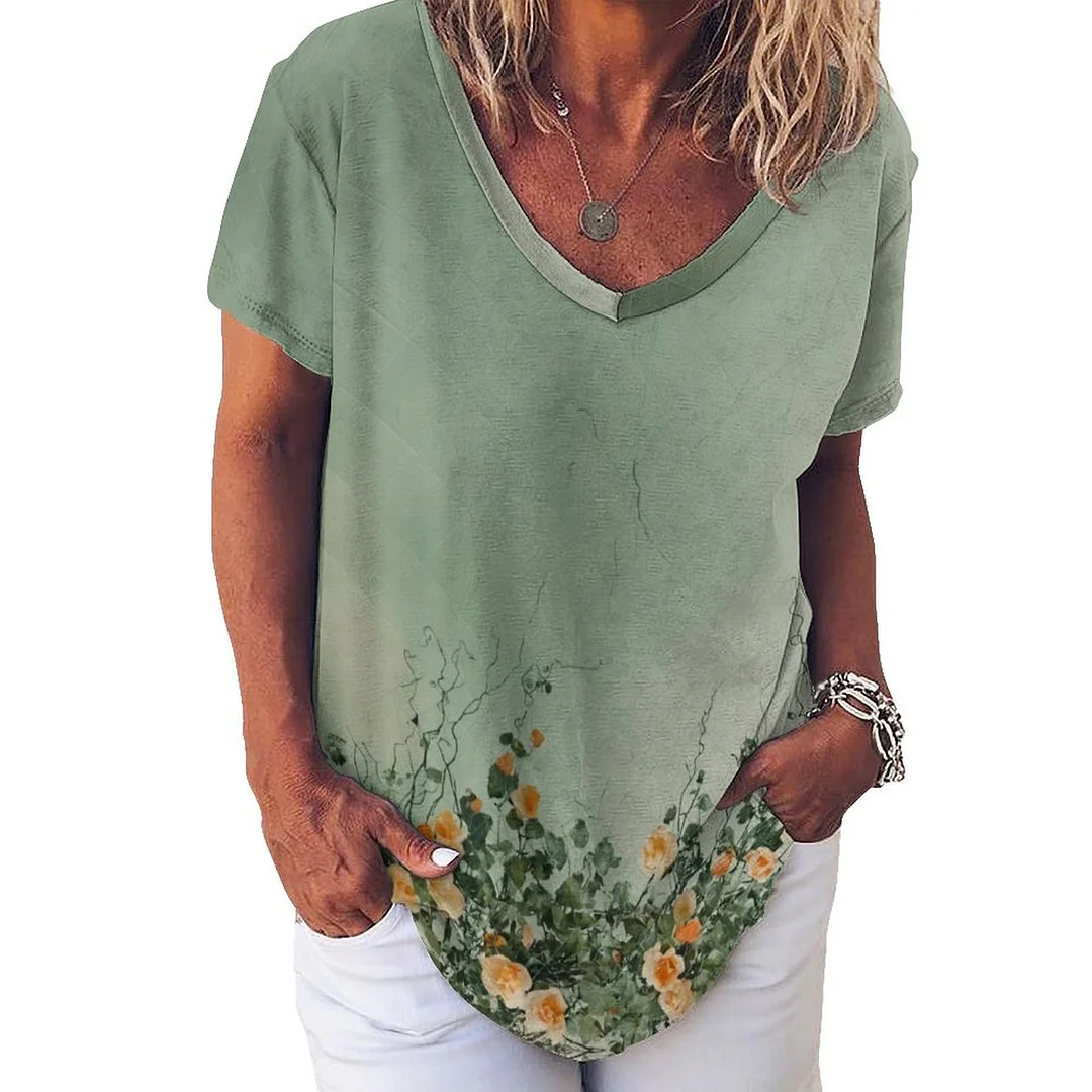 V-neck Short Sleeve Casual T-shirt for  Women Printed with Pattern Floral, Orange, Green