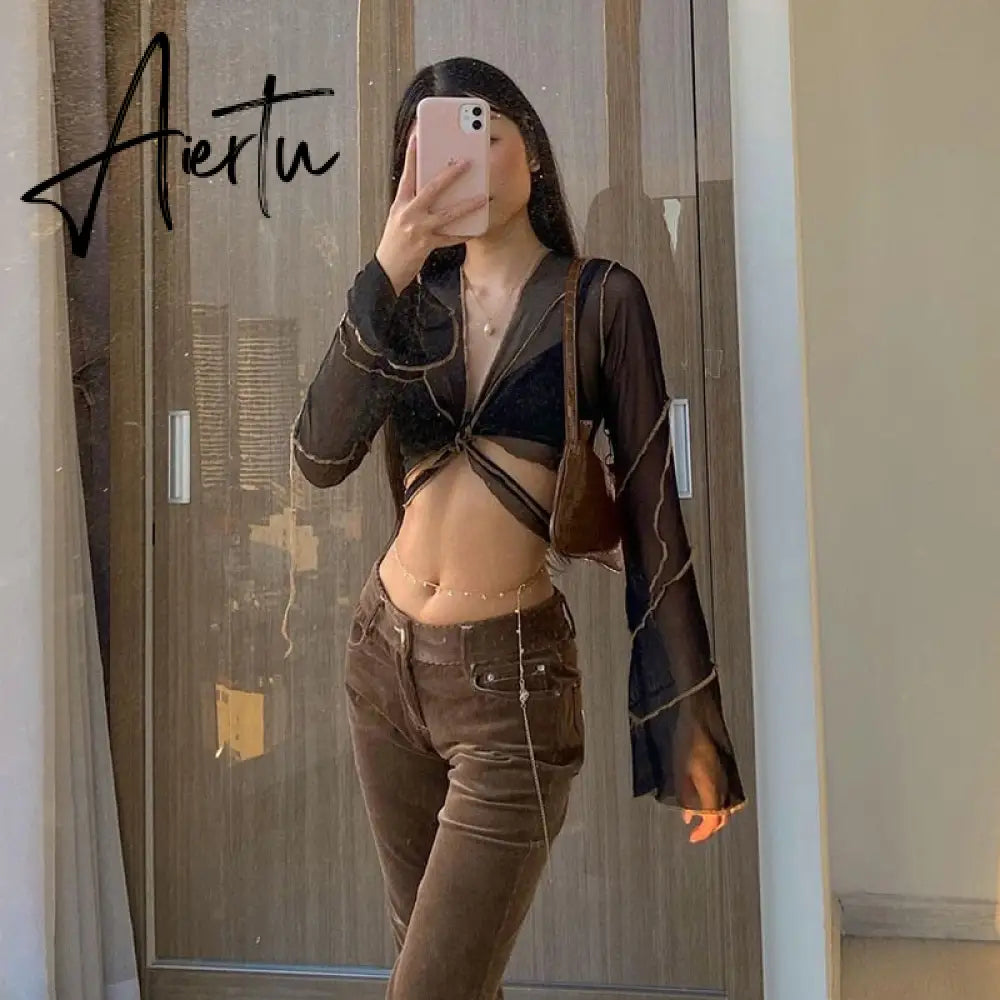 E-girl Aesthetics Bandage Black Mesh Crop Tops Pastel Goth Y2K Deep V-Neck Flare Sleeve Patchwork T-shirts Sexy Outfits Aiertu