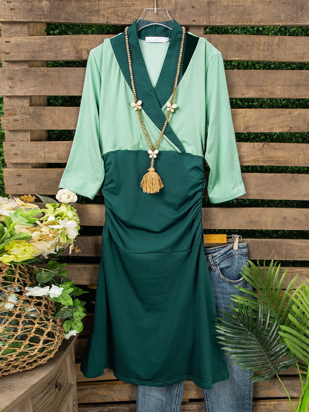 Long Sleeve V Neck Cotton-Blend Casual Knitting Dress