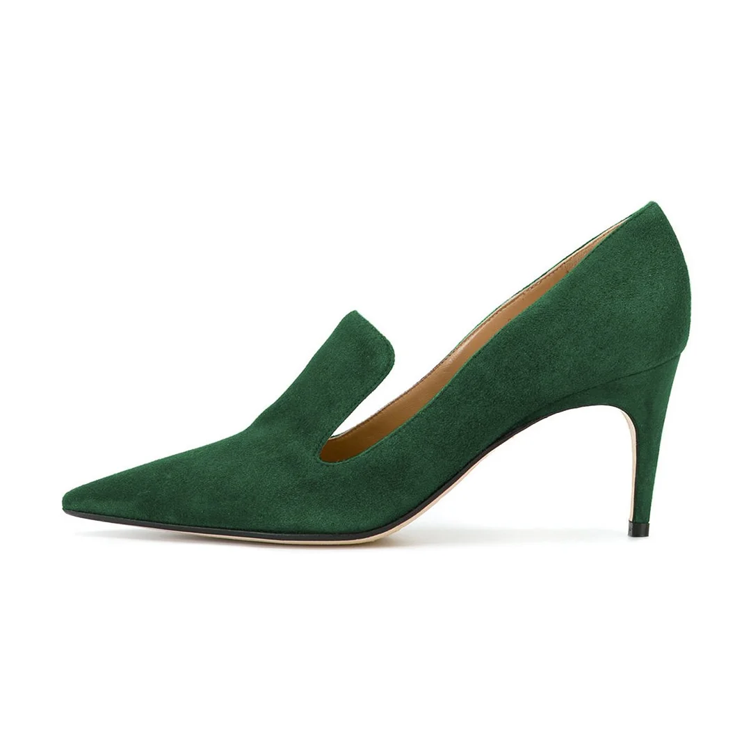 Green Faux Suede Pointed Toe Pumps for Elegant Ladies with High Heels 