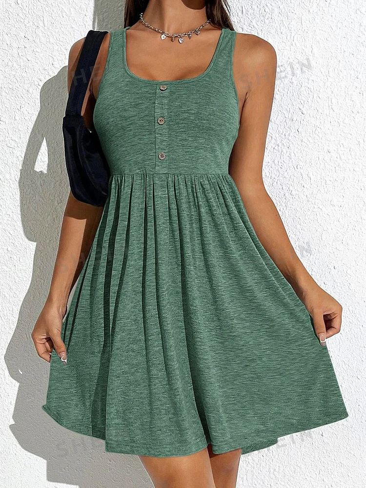 Plus Size Plain Fake Buttons Scoop Neck Tank Dress