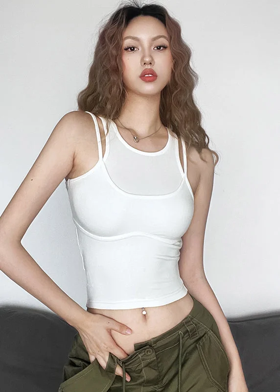 Simple White O Neck Patchwork Cotton Short Tank Sleeveless