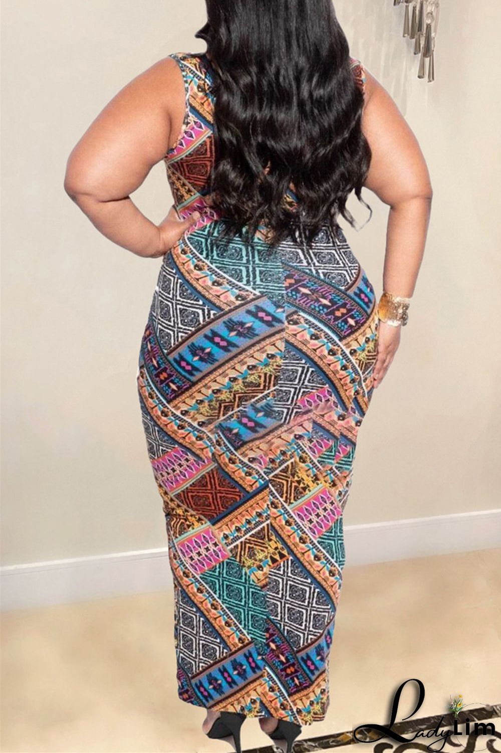 Multicolor Fashion Casual Plus Size Print Patchwork U Neck Vest Dress