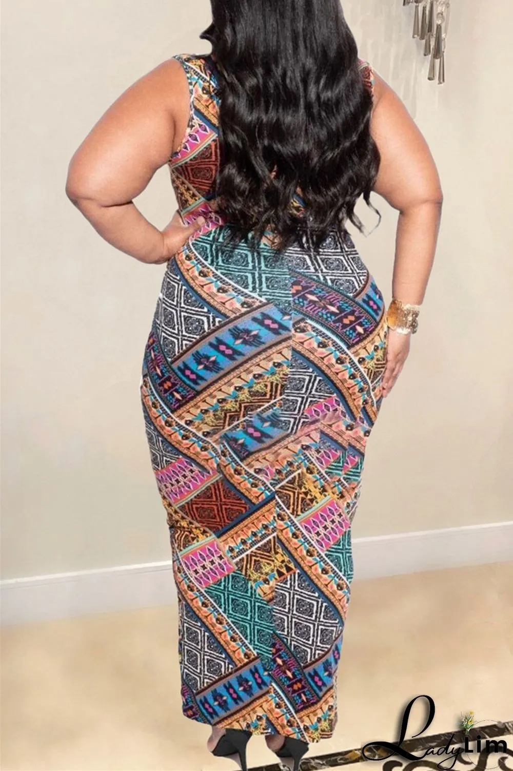Multicolor Fashion Casual Plus Size Print Patchwork U Neck Vest Dress