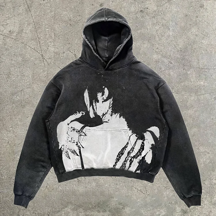 Relaxed Vintage Girl Hugging Devil  Print Graphic Casual Street Washed Oversized Hoodie