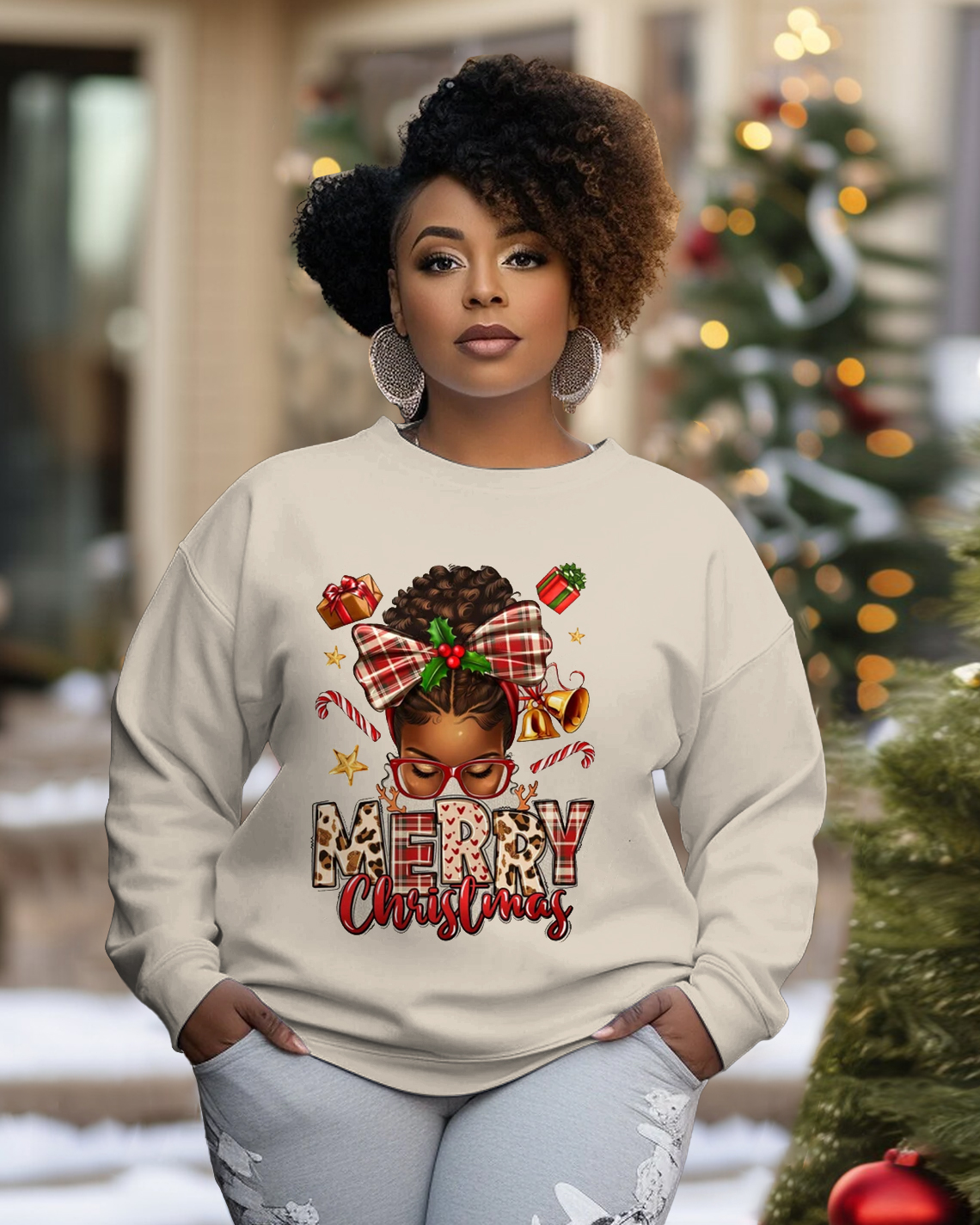 Merry Christmas Brown Women Crewneck Sweatshirt