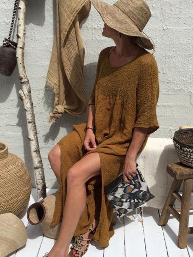 Coffee Half Sleeve V Neck Plain Cotton Dresses Zaesvini