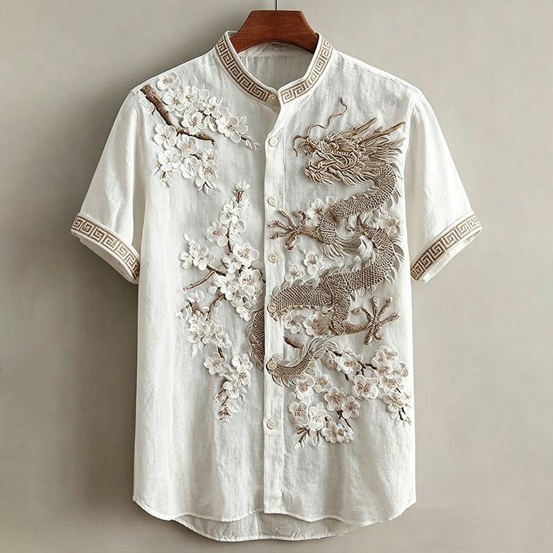 Men's Japanese Style Dragon & Cherry Blossom Art Linen Shirt elevenforest