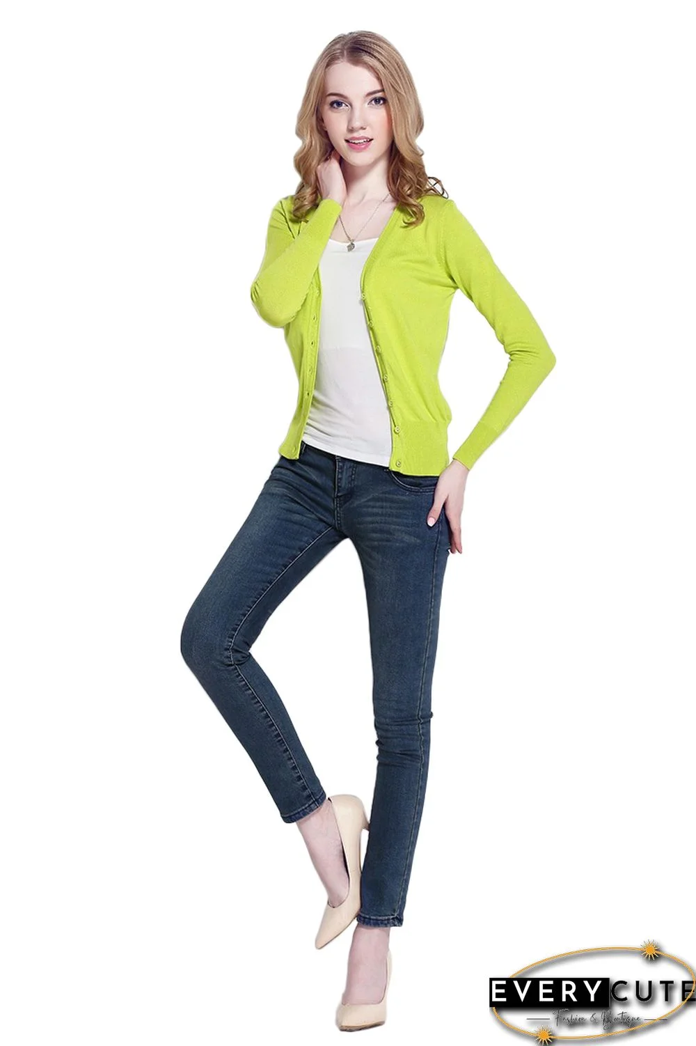 Green V Neck Slim Fit Knit Cardigan