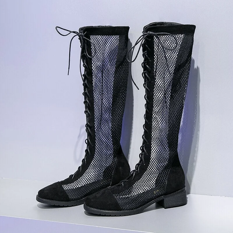 Summer Street Trend Mesh Ladies Boots Chic Show High Mid-Calf Women Boots Ins Zippers Pumps Breathable AirMesh Sexy Shoes