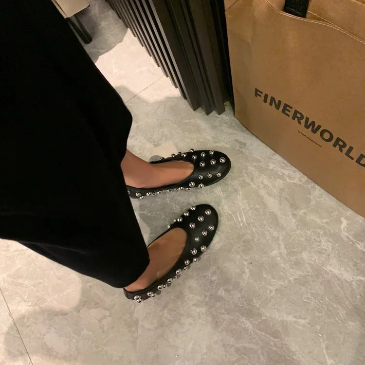 Yyvonne New Women's Shoes Black Rivet Decoration Flat Shoes Shallow Comfortable Sleeve Lazy Single Shoes