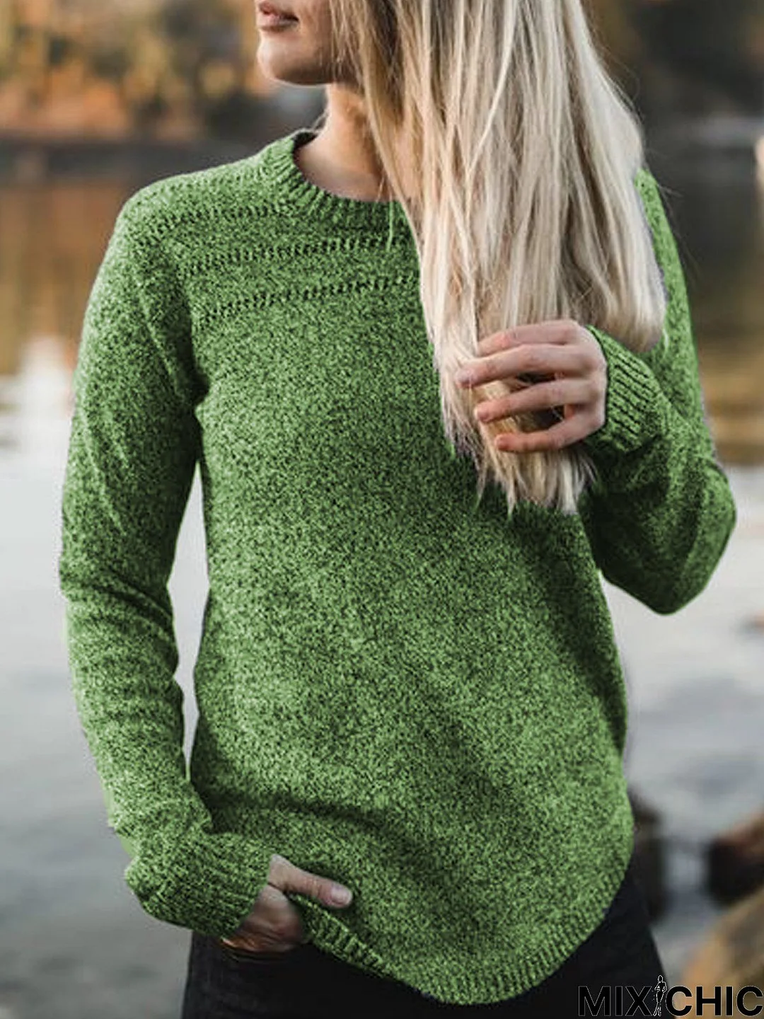 Green Crew Neck Cotton Casual Sweater