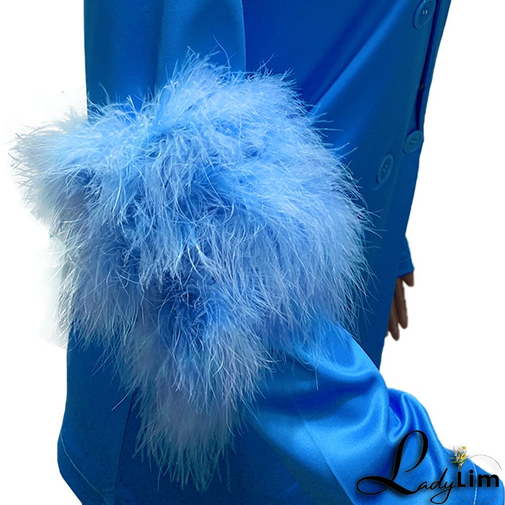 Fall Women Feather Blazer and Pant Two Piece