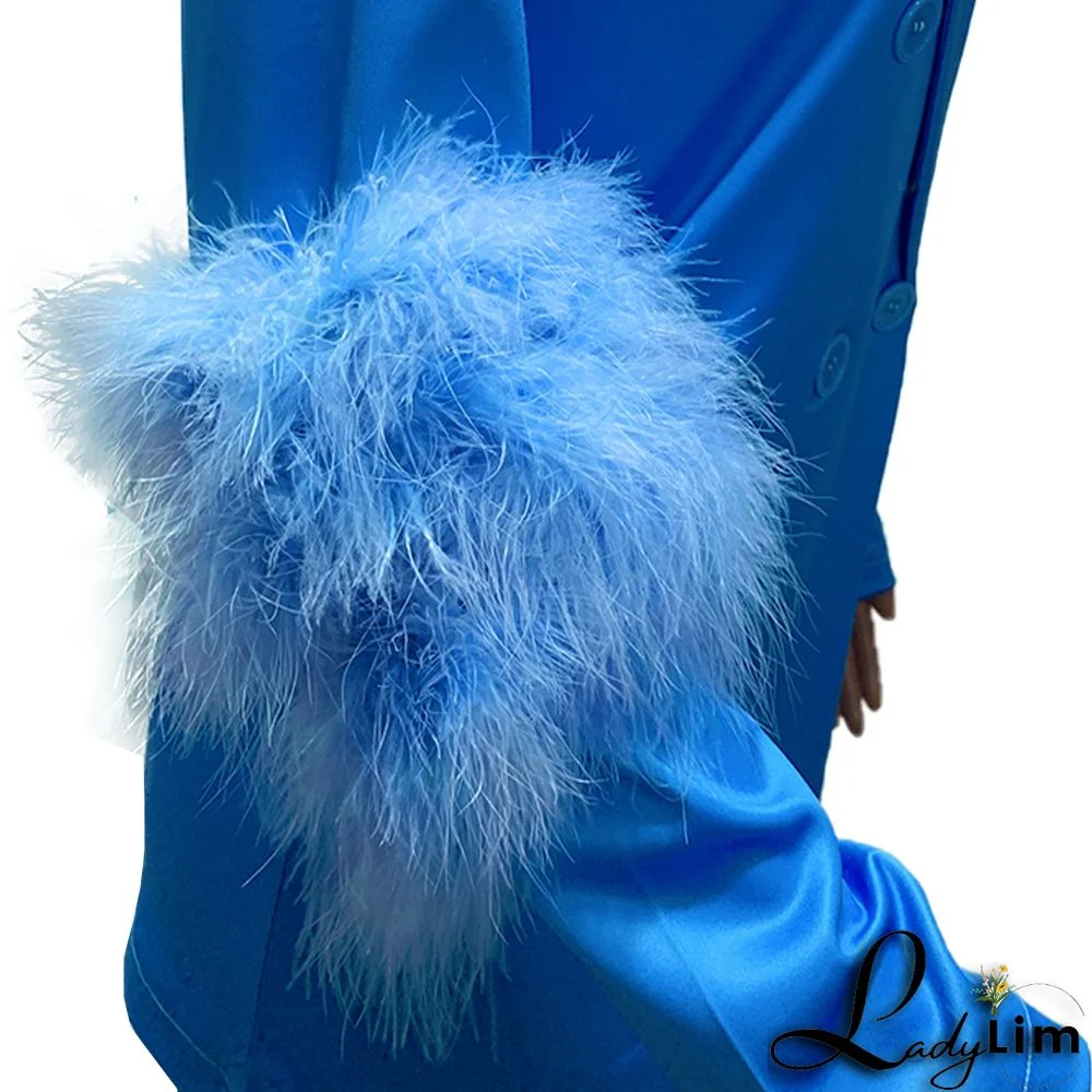 Fall Women Feather Blazer and Pant Two Piece