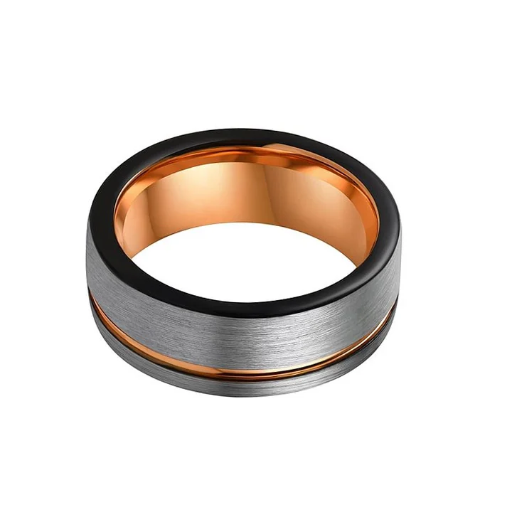 6MM 8MM Women's Or Men's Rose Gold Grey Triple Tone Tungsten Carbide Wedding Rings Pipe Cut Flat Edges