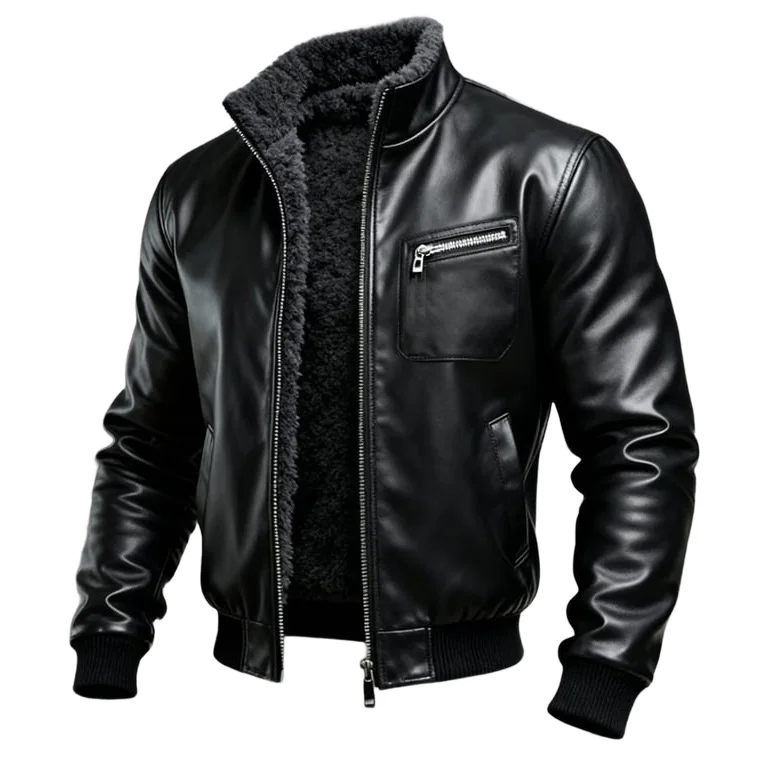 Men's Vintage Black Leather Faux Shearling Lining Jacket-inspireuse