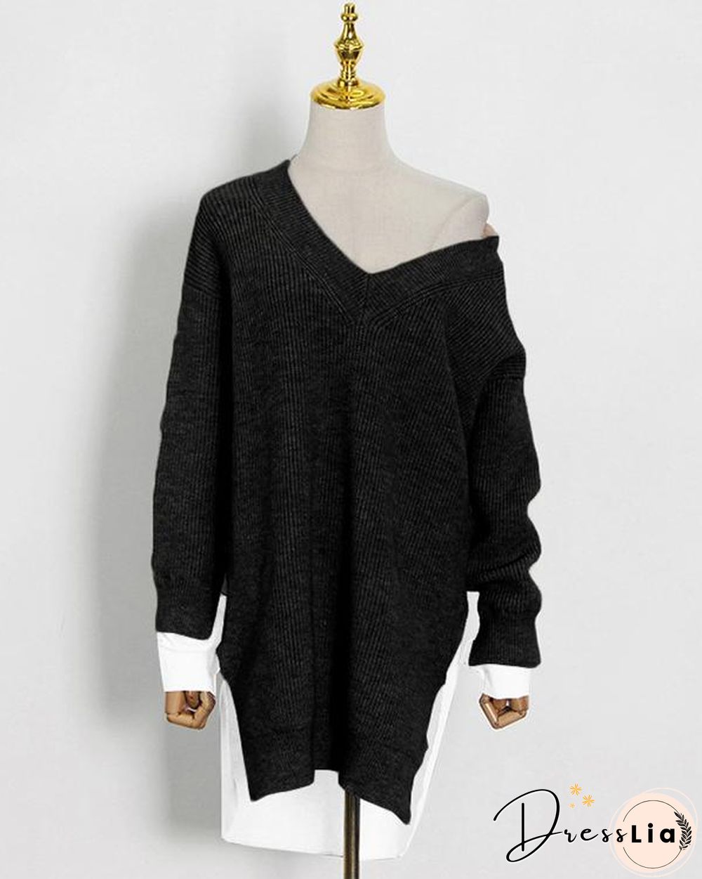 Women Minimalism Knitting V-neck Shirt Patchwork Sweater Shirt
