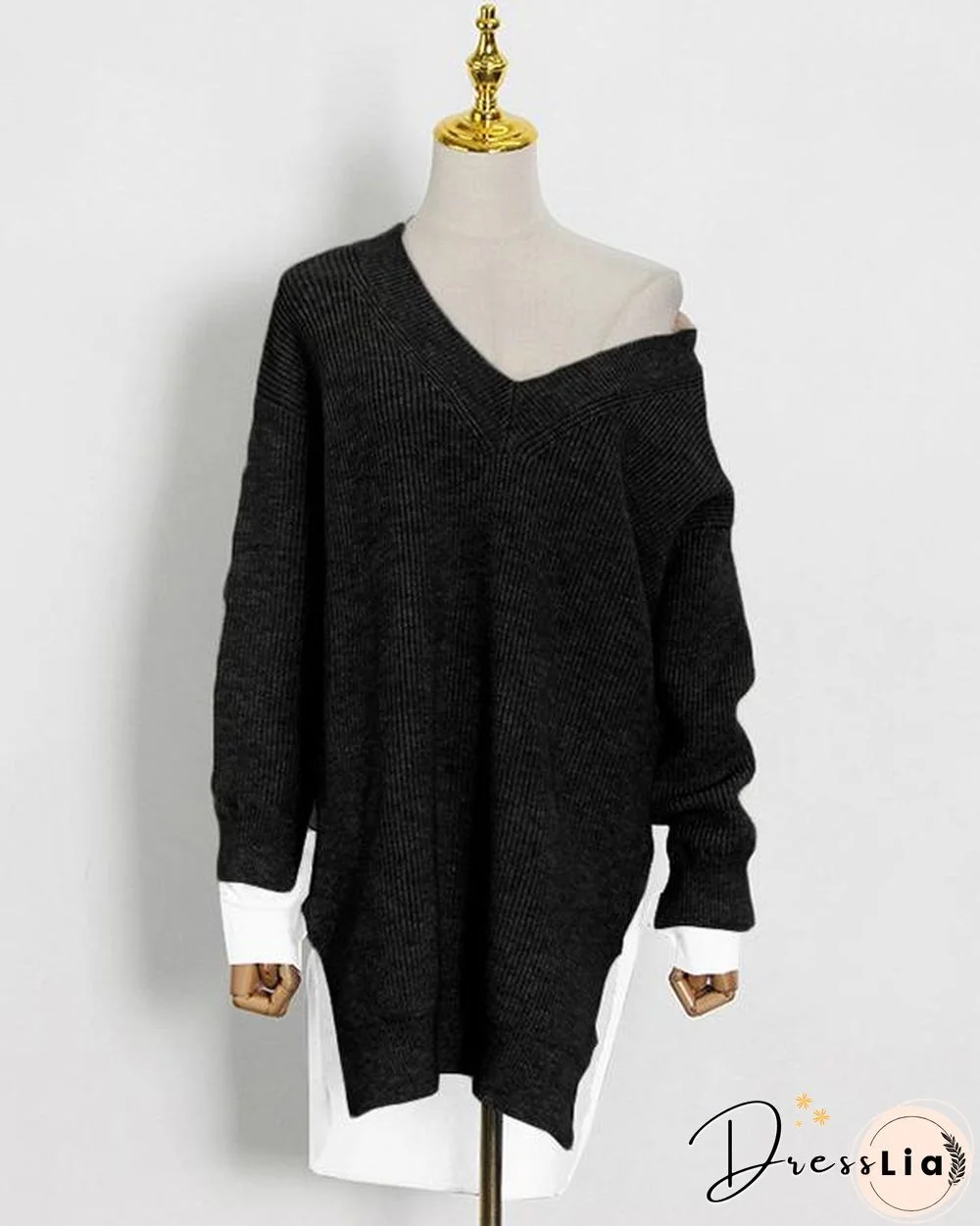 Women Minimalism Knitting V-neck Shirt Patchwork Sweater Shirt