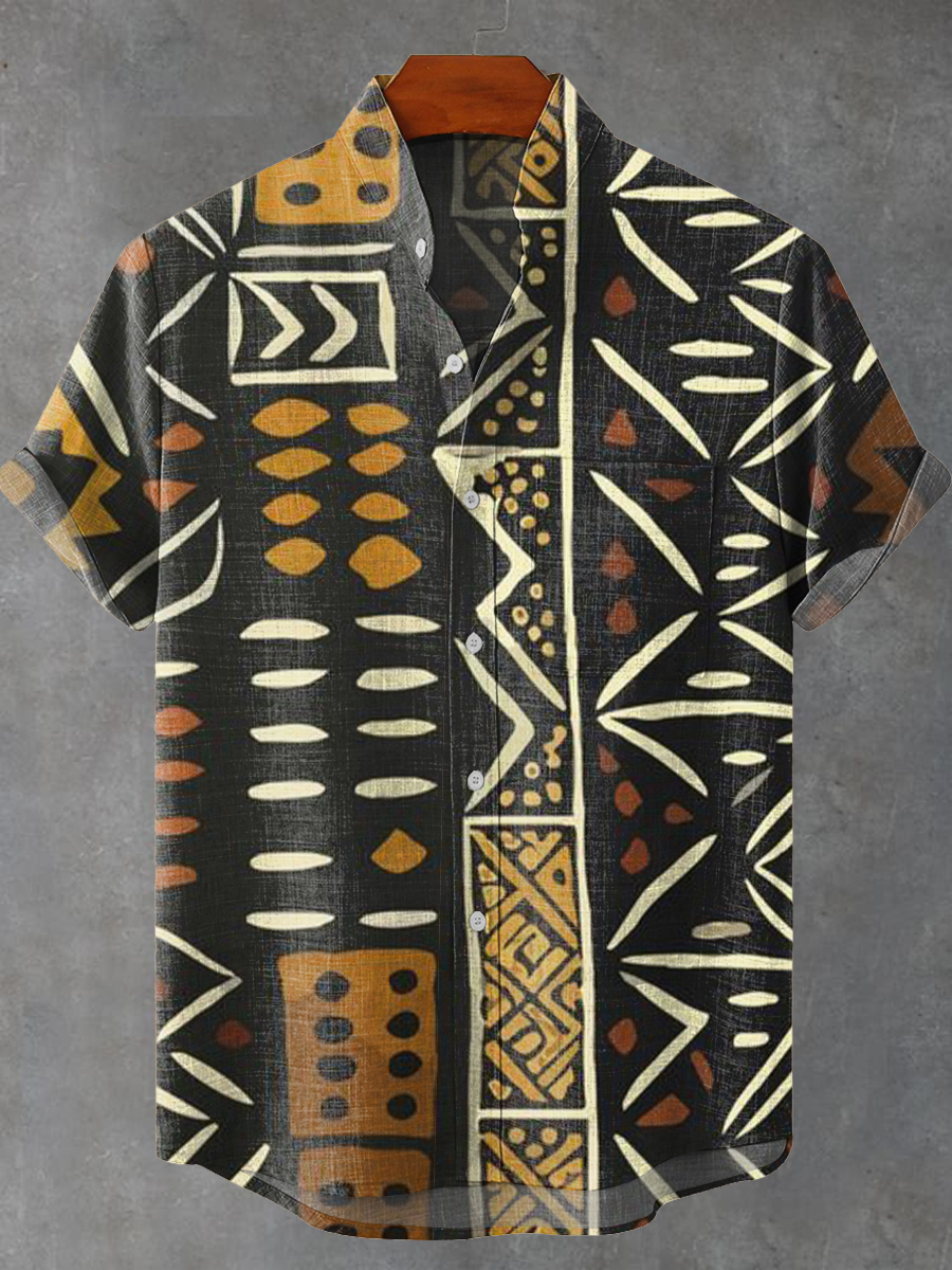 Vintage Abstract African Geometric Stripe Totem Art Print Casual 100% Cotton Shirt