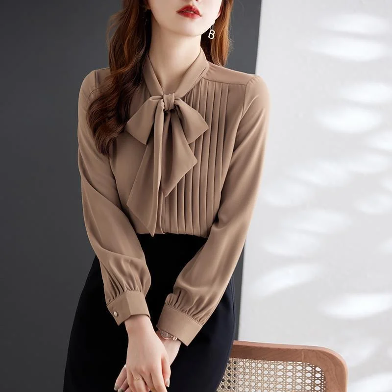 Uveng Uveng Curry With Chiffon Long-Sleeved Shirt Women's Bow Tie Irregular Design Sense 2025 New Ocean Fashion