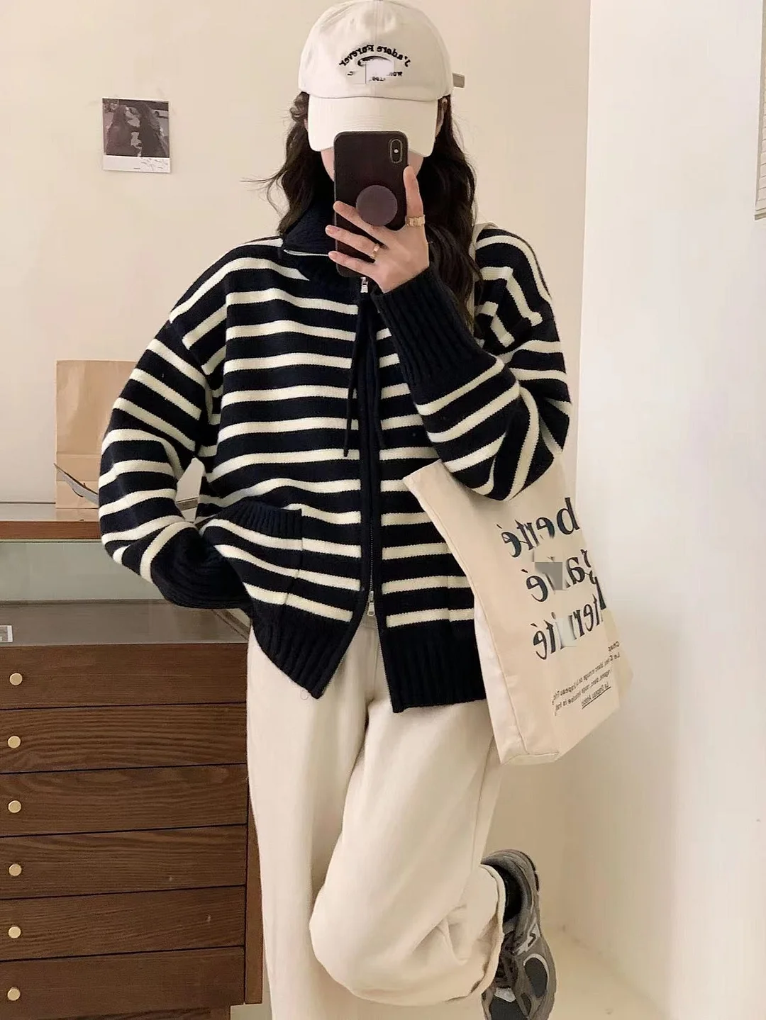 Churchf Churchf Lapel Stripe Double Zipper Knit Cardigan Women's 2024 New Loose And Versatile Thin Sweater Coat