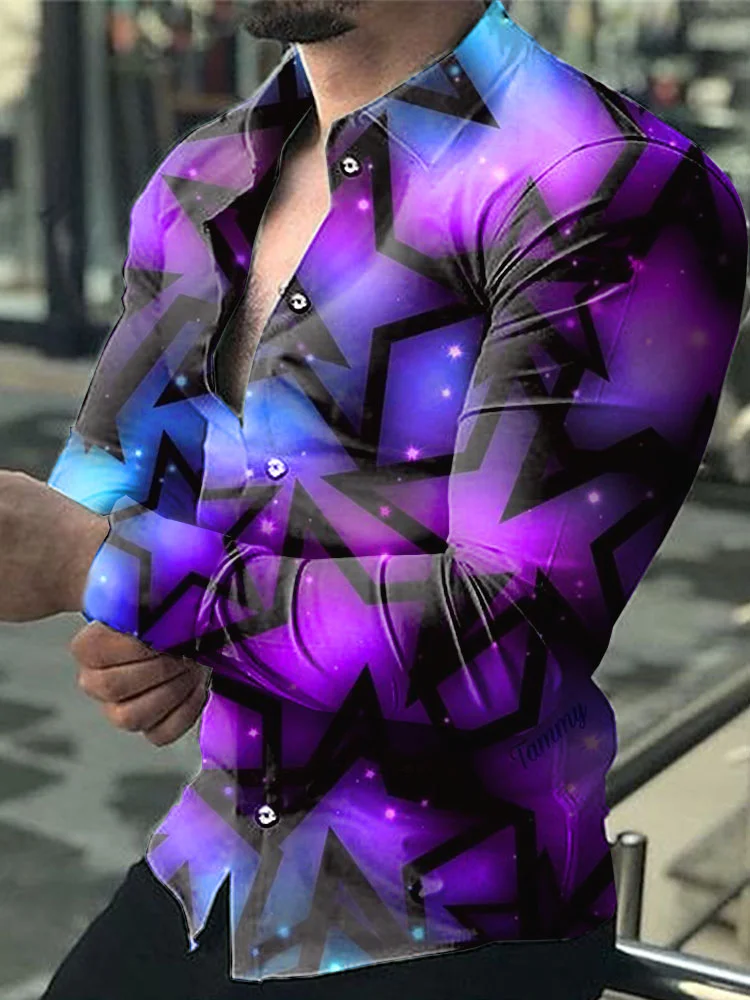 Casual COLOR GRADIENT Star Pattern Printed Long Sleeve Men's Shirt